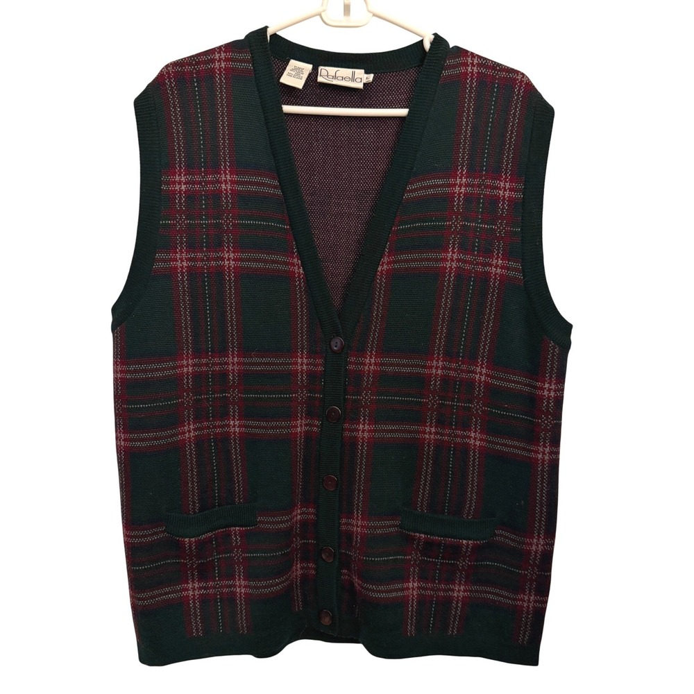 Rafaella Plaid Sweater Vest Womens L Green Red Excellent Merino Wool Cardigan